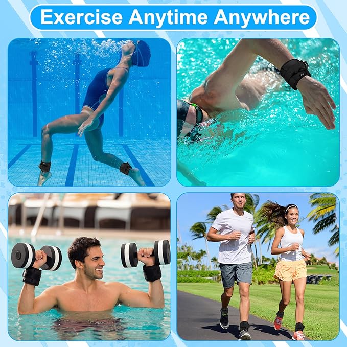 Water Aerobics Set, 4 Piece Pool Exercise Kit (2 Aqua Dumbbells + 2 Ankle/wrist Weights), EVA Foam, Low-impact Workout