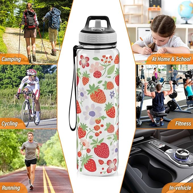 YETTASBIN Strawberry Flower Clear Water Bottle with Straw Lid, BPA-Free Leakproof Sport Water Bottle 32oz Large Gym Water Jug for Men Women Travel Fitness Outdoor