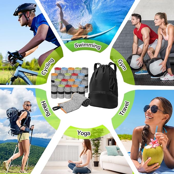 Peryiter 21Pcs Sports Drawstring Backpack and Gym Towels Microfiber Quick Dry Sweat Towel and String Swim Gym Bag Workout Accessories for Women Men Exercise Fitness Working Out Yoga Running