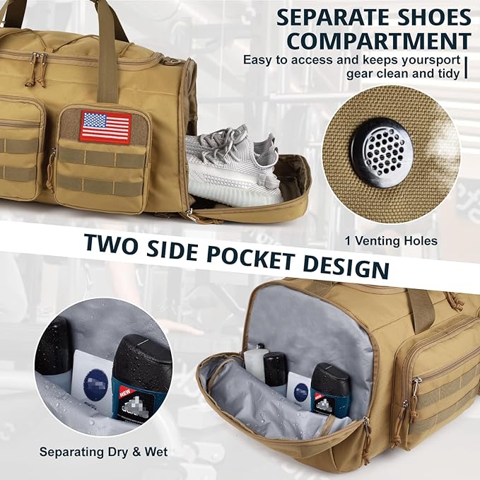 Tactical Gym Bag for Men,70L Large 3 in 1 Sports Duffle Bag with Shoes Compartment for Travel,Water Resistant Travel Backpack Weekender Overnight Bag with Wet Pocket for Women