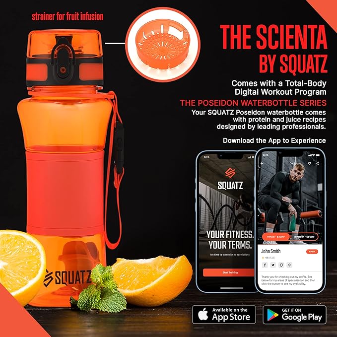 SQUATZ 24 Oz Poseidon Series Water Bottle for Protein and Fruit Shakes - Premium Quality Wide Mouth Gym Flask Fruit Infuser Strainer, Carrying Strap, Leak Resistance, No Condensation Sleeve,Orange