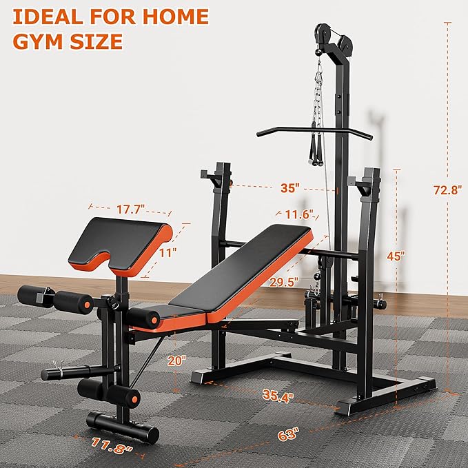 Fostoy 9-in-1 Adjustable Olympic Weight Bench with Lat Pulldown, Row, Squat Rack & Leg Curl – Multi-Function Strength Training Bench Press for Home Gym Full Body Workout