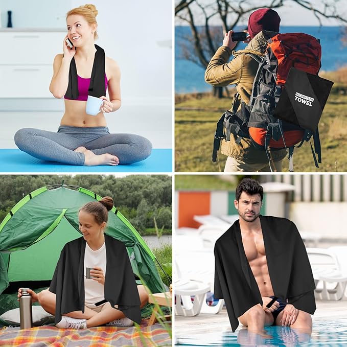 Camping Towel L Size Microfiber Quick Dry Lightweight Travel Body Swimming Pool Beach Hot Yoga Mat Towels (Black, 1 Pack L)