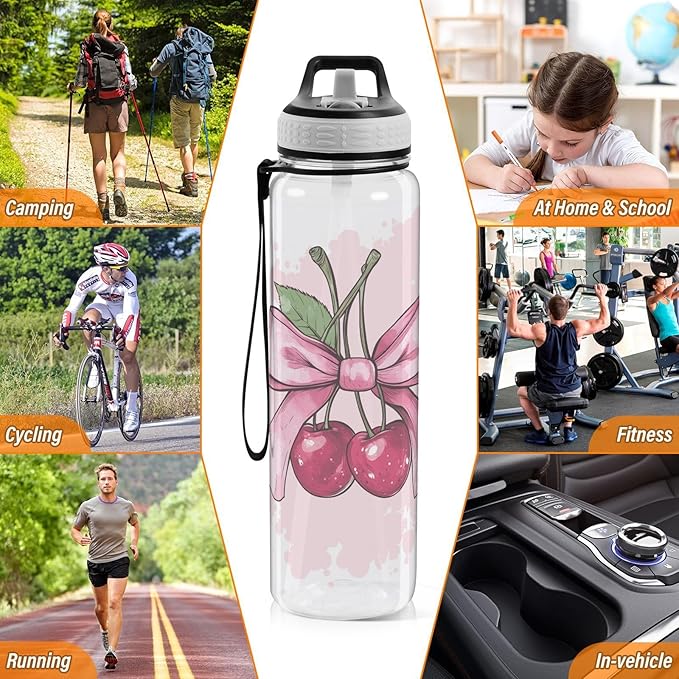 Fustylead Cute Cherry Fruit with Pink Bow 32 oz Tritan Water Bottle with Straw, Leakproof and BPA-Free Sport Water Bottle for Fitness, Gym & Outdoor