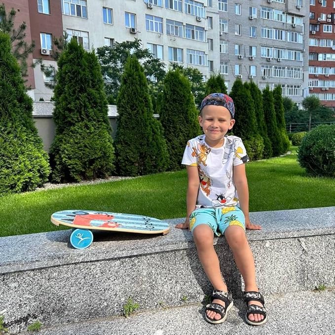 Kids Balance Board with Roller – Wooden Trainer for Children – Fun Indoor Core Strength Game – Improves Balance & Coordination – Multiple Designs