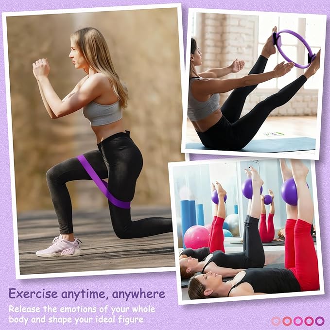 Pilates Kit for Women Pilates Equipment Ring and Ball Set Magic Circle Hoop with 5 Resistance Bands Compact Toning Fitness Essentials Starter Set Accessories with Exercise Guide