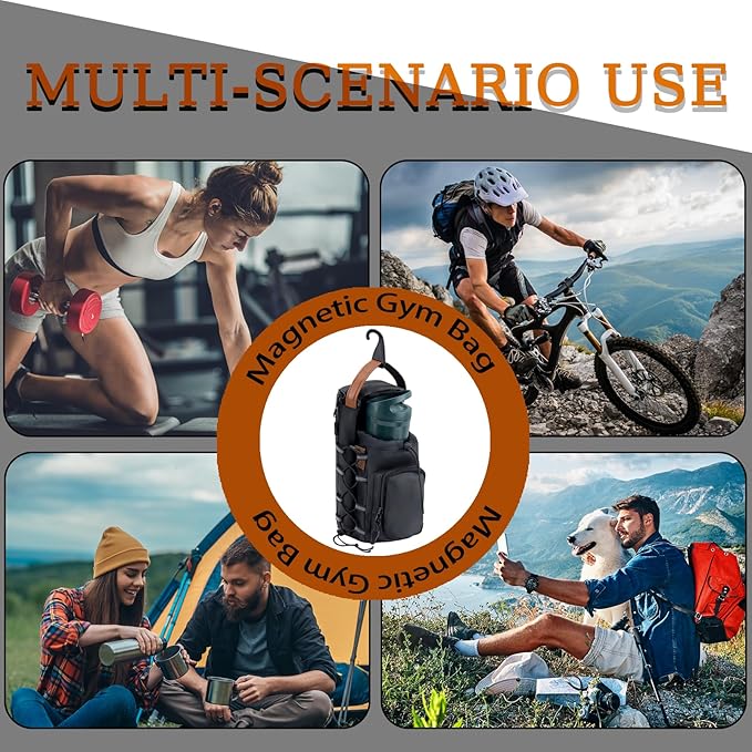 Magnetic Gym Bag for Men and Women, Water Bottle Holder, Gym Pouch with Shoulder Strap for Travel, Sports, Work, Fitness (Hook)