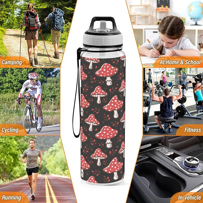 Fustylead Amanita Red Mushroom 32 oz Water Bottle with Straw, Leakproof Clear Sport Bottles for Women Men Outdoor Sport Drinking