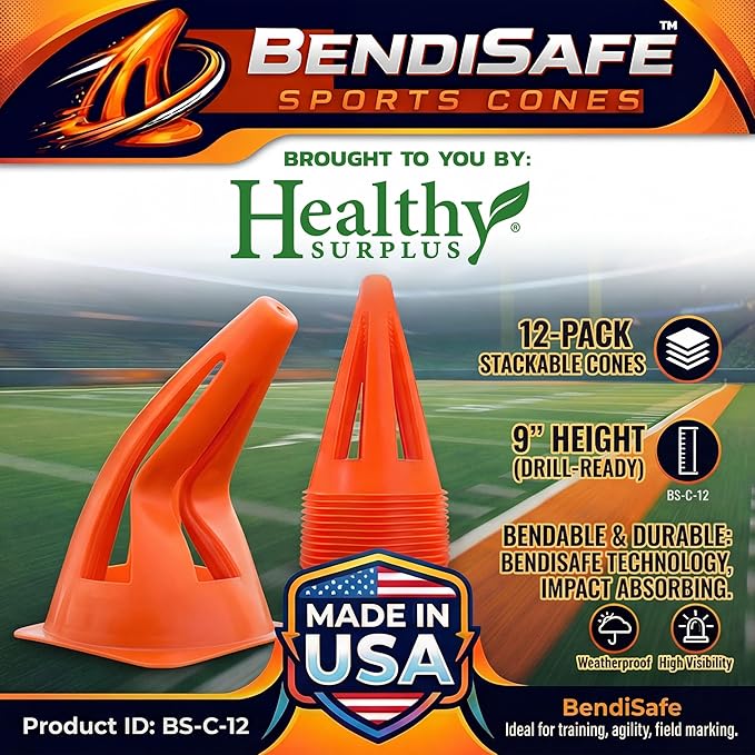 Soccer Training Cones Set of 12 - Flexible Agility Marker Cones for Soccer, Football & Basketball Drills- 9β Tall with 6β Base β High Visibility Orange Field Marker Cones - Made in USA - BendiSafe