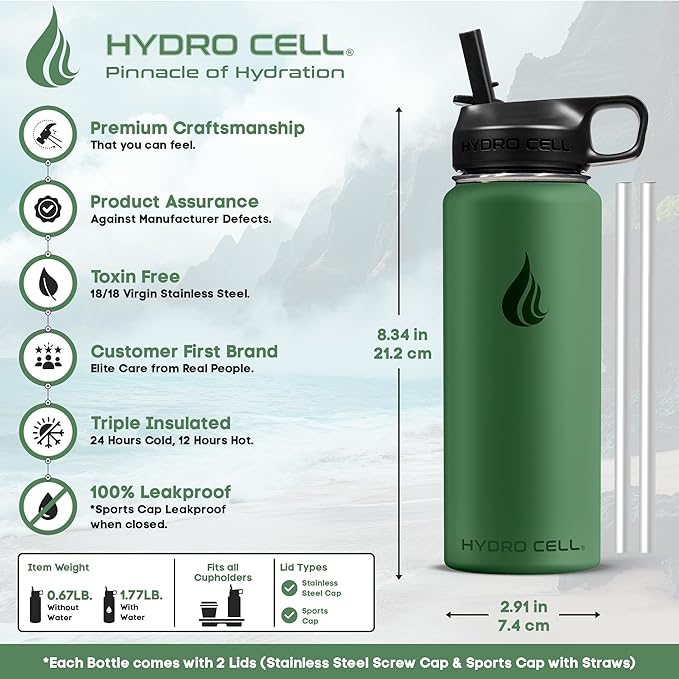 HYDRO CELL Stainless Steel Insulated Water Bottle with Straw - For Cold & Hot Drinks - Metal Vacuum Flask with Screw Cap and Modern Leakproof Sport Thermos for Adults (Forrest 18oz)