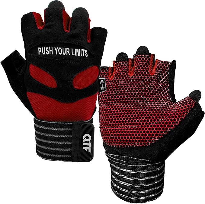 QTF Weight Lifting Gym Workout Gloves with Long Wrist Strap, Fingerless Gym Gloves for Men & Women, Full Palm Protection, for Weightlifting, Training, Fitness, Hanging
