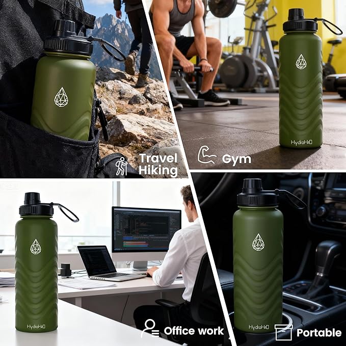 24oz Stainless Steel Insulated Water Bottle, 48H Ice Cold & 24H Hot, Leak-Proof Wide Mouth Lids (Straw & Spout), BPA-Free Bottles, Mens Water Bottle for Gym, Hiking, Travel - Green