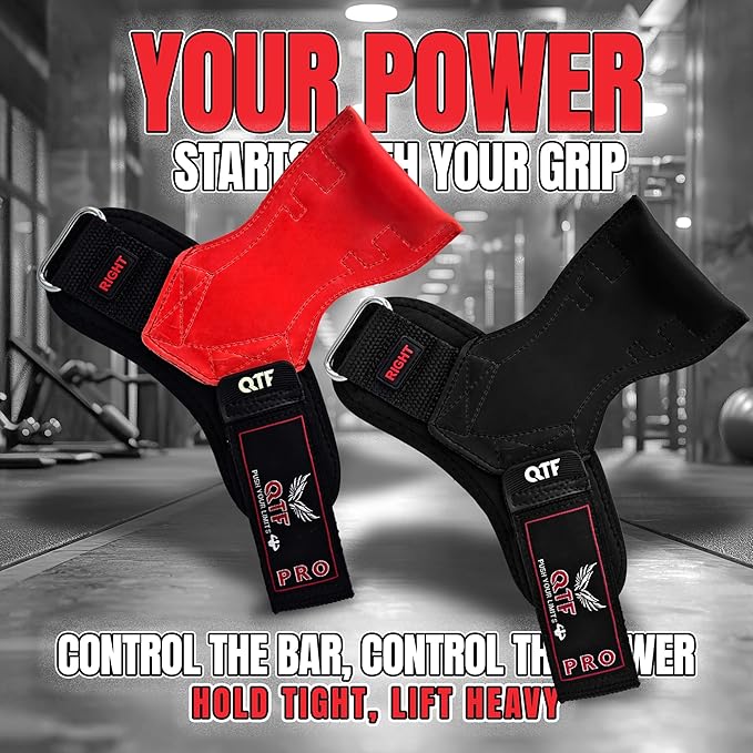 QTF Weight Lifting Grips (Pair) for Heavy Powerlifting, Wrist Straps for Deadlifts, Rows, Pull Ups, with Neoprene Padded Wrist Wraps Support and Strong Rubber Gloves or Straps for Bodybuilding.