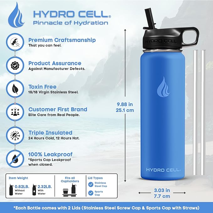 HYDRO CELL Stainless Steel Insulated Water Bottle with Straw - For Cold & Hot Drinks - Metal Vacuum Flask with Screw Cap and Modern Leakproof Sport Thermos for Adults (Denim 24oz)