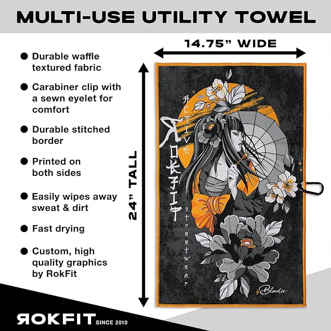 RokFit Gym & Golf Towel – Multi-Use, Quick-Dry, Durable Utility Towel with Bold Graphic and Carabiner Clip (RokFit X Blondie)