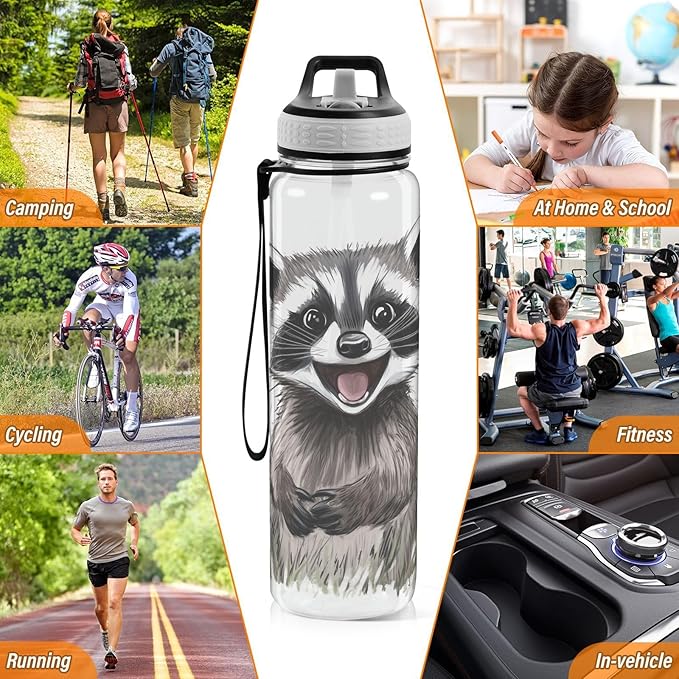 Fustylead Happy Cute Raccoon 32oz Water Bottle with Straw, Leakproof Clear Sport Water Bottles for Gym Camping Hiking Travel