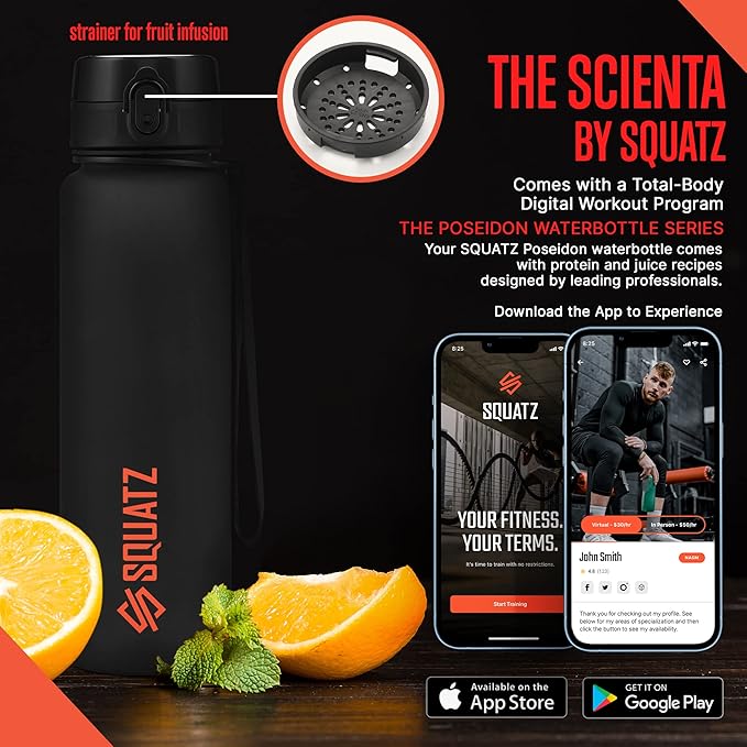 SQUATZ 34 Oz Poseidon Series Frosted Water Bottle - Premium Quality Wide Mouth Gym Flask with Fruit Infuser Strainer, Fixed Carrying Strap, Leak Resistance, and Zero Condensation, Black