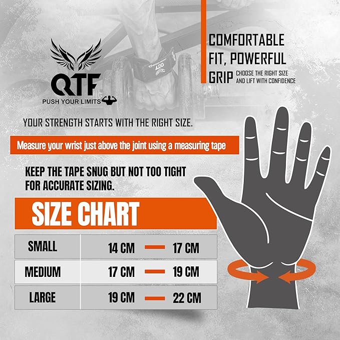 QTF Weight Lifting Grips (Pair) for Heavy Powerlifting, Wrist Straps for Deadlifts, Rows, Pull Ups, with Neoprene Padded Wrist Wraps Support and Strong Rubber Gloves or Straps for Bodybuilding.
