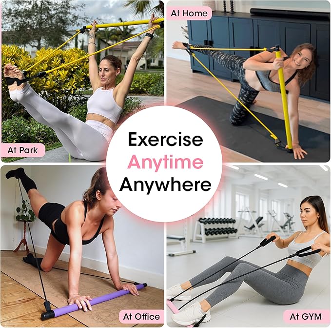 Stretched Fusion Pilates Bar Kit with Resistance Band for Home Workouts | Multifunctional Home Pilates Kit Set for Women & Men | Workout Bar for Legs, Hip, Waist and Arm, Includes 3 Bonuses