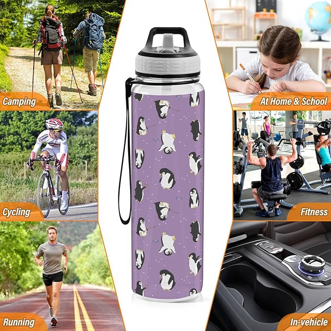 Fustylead Penguins Tritan Water Bottle with Straw and Lids, 32 oz Reusable BPA Free Sport Water Bottle for Gym Camping Hiking Travel