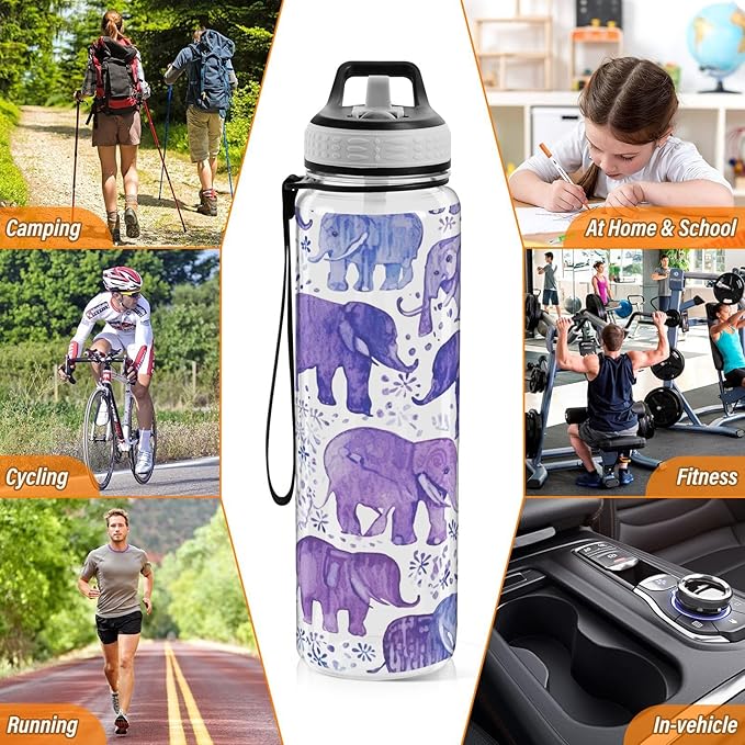 YETTASBIN Elephant Clear Water Bottle with Straw Lid, BPA-Free Leakproof Sport Water Bottle 32oz Large Gym Water Jug for Men Women Travel Fitness Outdoor
