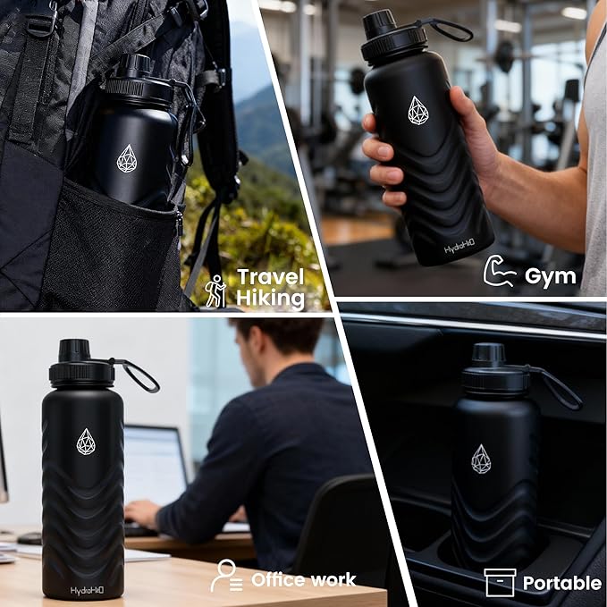 24oz Stainless Steel Insulated Water Bottle, 48H Cold & 24H Hot, Leak-Proof Wide Mouth Lids (Straw & Spout), BPA-Free Bottles, Mens Water Bottle for Gym, Hiking, Travel - Black