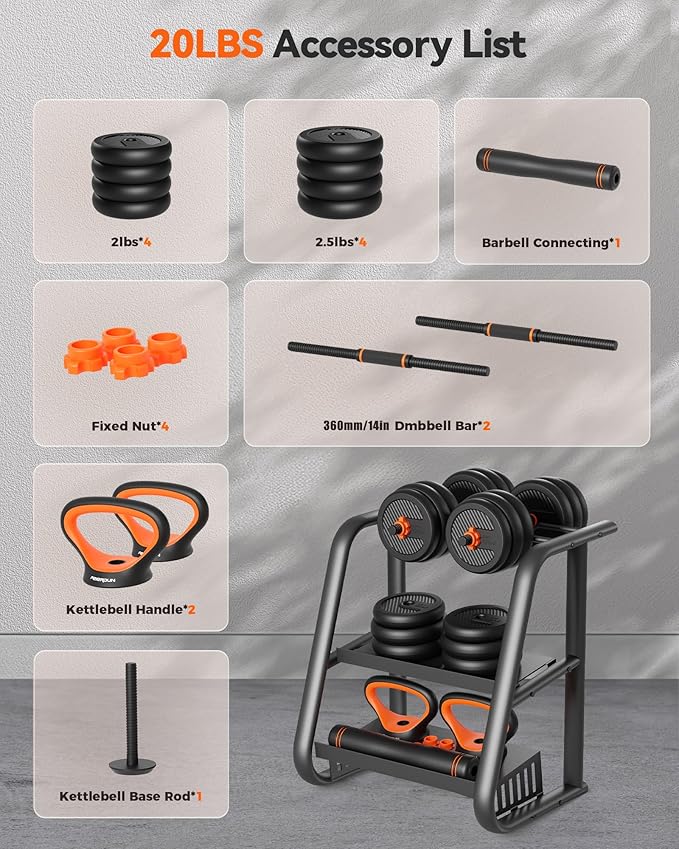 FEIERDUN Adjustable Dumbbells, 20/30/40/45/70/90lbs Free Weight Set with Connector, 5 in1 Dumbbells Set Used as Barbell, Kettlebells, Push up Stand, Weight Plate, Fitness Exercises for Home Gym Suitable Men/Women