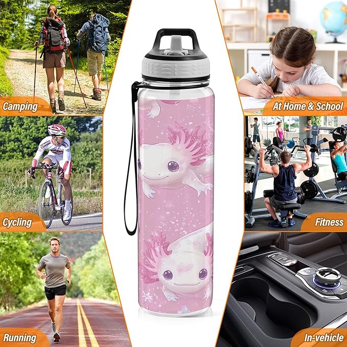 Burbuja Kawaii Axolotl 32 oz Water Bottle with Straw Lid, Leakproof & BPA Free Tritan Bottle for Gym Fitness Outdoor Sports