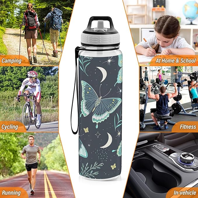Burbuja Elegant Moon Moth 32 oz Water Bottle with Straw Lid, Leakproof & BPA Free Tritan Bottle for Gym Fitness Outdoor Sports