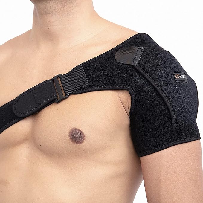 Copper Compression Recovery Shoulder Brace - Immobilizer for Torn Rotator Cuff, AC Joint Pain Relief, Dislocation, Arm Stability, Injuries, Tears - Adjustable Fits Men, Women - Black Plus Size - L/XL