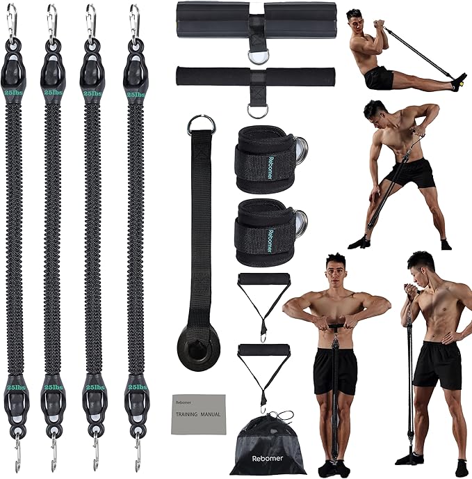 Pedal Resistance Band, Rebomer Exercise Band Home Fitness Band for Working Out, 4-Tube Elastic Sit Up Pull Rope for Men Women, Multifunction Tension Rope for Strength Training/Yoga with 2 Ankle Straps