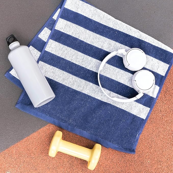 Luzia Striped Workout Towel for Sweat (Pack of 4) - Premium Quality 100% Turkish Cotton - Lightweight and Super Absorbent for Exercise, Sports, Workout, Fitness, Gym, Yoga, Running (Blue)