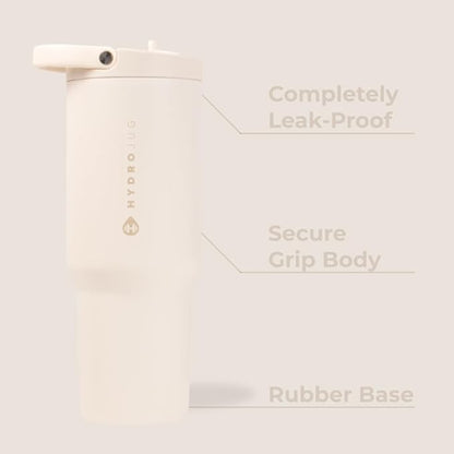 HydroJug Sport - Stainless Steel Tumbler with Straw, Vacuum Insulated, 40oz Leakproof Water Bottle, Ergonomic Design, Reusable, Dishwasher Safe, Rubber Base, Durable for Gym or Outdoors, Cream