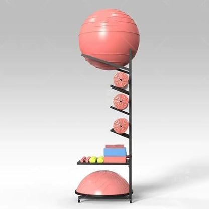 Yoga Mat Storage Rack with Wheels Home Gym for Foam Roller Exercise Ball and Half Ball Balance Trainer，Black，145 * 50 * 45Cm
