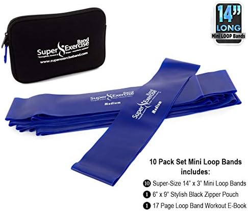 USA 14" x 3" Extra Long Latex Free Mini Loop Bands in 3, 5, 10 Pack Sets. 10 Strengths for Resistance Training, Stretching, Yoga, Toning. Plus an Exclusive iPhone App and E-Book.