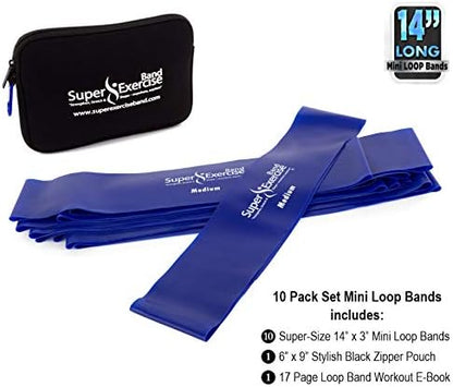 USA 14" x 3" Extra Long Latex Free Mini Loop Bands in 3, 5, 10 Pack Sets. 10 Strengths for Resistance Training, Stretching, Yoga, Toning. Plus an Exclusive iPhone App and E-Book.
