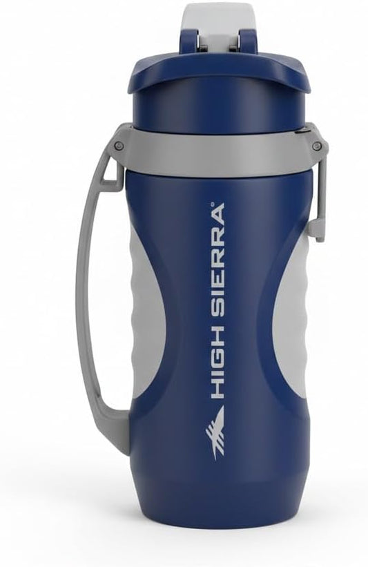 High Sierra, [BPA FREE 64 OZ Insulated Water Jug with 2 Drinking Options, Silicone Spout, Built-in Fence Anchor, Keeps Iced Water Cold for Hours, EXTRA LARGE Sports Bottle, Blue/White