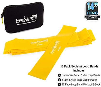 USA 14" x 3" Extra Long Latex Free Mini Loop Bands in 3, 5, 10 Pack Sets. 10 Strengths for Resistance Training, Stretching, Yoga, Toning. Plus an Exclusive iPhone App and E-Book.