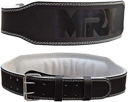 MRX Weight Lifting Belt Genuine Leather - 4 Inches Wide 8mm Thick Padded Lumbar Back Support Double Prong Powerlifting Belts Heavy Duty Deadlifts Workout Squats & Exercise Belt for Men & Women