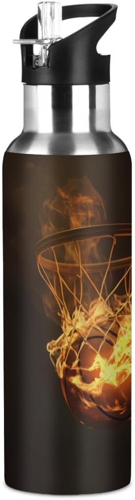 Flaming Basketball Net Water Bottle Vacuum Insulated Stainless Steel Mug Kids Water Bottle with Straw and Handle Keep Hot Cold Sport Bike Fit Travel Outdoor 20 oz