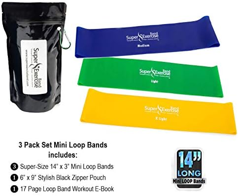 USA 14" x 3" Extra Long Latex Free Mini Loop Bands in 3, 5, 10 Pack Sets. 10 Strengths for Resistance Training, Stretching, Yoga, Toning. Plus an Exclusive iPhone App and E-Book.