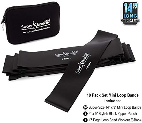 USA 14" x 3" Extra Long Latex Free Mini Loop Bands in 3, 5, 10 Pack Sets. 10 Strengths for Resistance Training, Stretching, Yoga, Toning. Plus an Exclusive iPhone App and E-Book.
