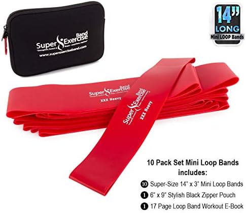 USA 14" x 3" Extra Long Latex Free Mini Loop Bands in 3, 5, 10 Pack Sets. 10 Strengths for Resistance Training, Stretching, Yoga, Toning. Plus an Exclusive iPhone App and E-Book.