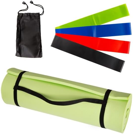 Yoga Mat Set - 4-Pack of Resistance Bands for Working Out with 1/2-Inch Workout Mat - Home Gym Starter Kit - Exercise Equipment by Wakeman (Green)