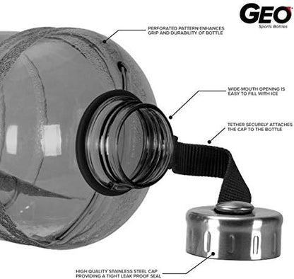 Geo Sports Bottles 1/2 Gallon (64 oz) BPA Free Reusable Leakproof Wide Mouth Sports Water Jug Bottle with Handle and 48mm Stainless Steel Cap (Black)
