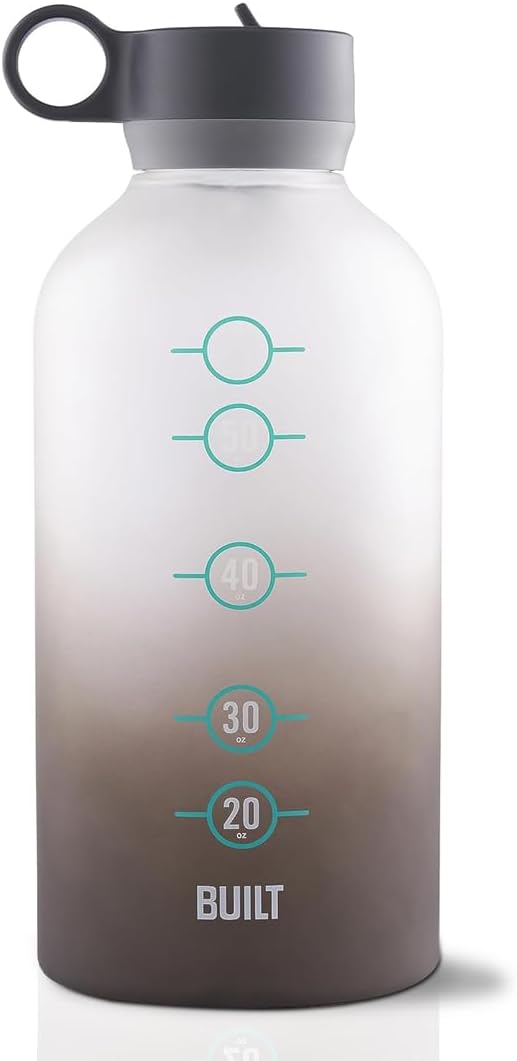 Built 74 Oz Tritan Motivational Bottle with Straw (Gray) - BPA-Free & Leakproof with Wide Mouth, Carry Handle Lid, Dishwasher Safe - Hydration Tracker for Gym, Fitness, Healthy Lifestyle