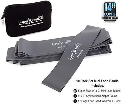 USA 14" x 3" Extra Long Latex Free Mini Loop Bands in 3, 5, 10 Pack Sets. 10 Strengths for Resistance Training, Stretching, Yoga, Toning. Plus an Exclusive iPhone App and E-Book.