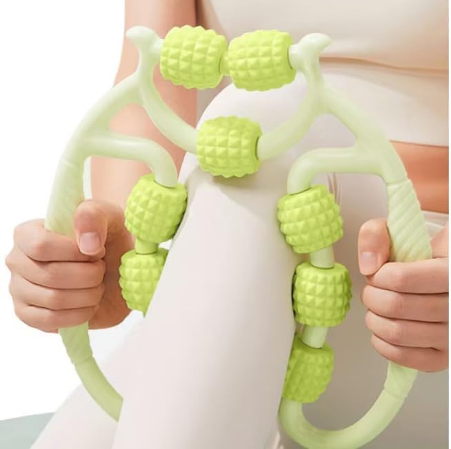 Leg Massage Roller Handheld Muscle Roller 12 Wheels Thigh Roller Deep Tissue Massage Tool for Bodybuilding Fitness Workout- Green