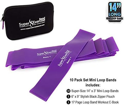 USA 14" x 3" Extra Long Latex Free Mini Loop Bands in 3, 5, 10 Pack Sets. 10 Strengths for Resistance Training, Stretching, Yoga, Toning. Plus an Exclusive iPhone App and E-Book.