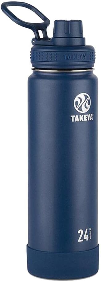 Takeya Actives Stainless Steel Water Bottle, Insulated Spout Lid, Keeps Drinks Cold 24 Hrs, Leakproof, Durable, Dishwasher Safe, Ideal for Gym, Travel, Fits Most Cup Holders, 24 oz/Midnight Blue
